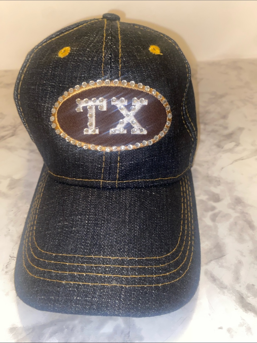 Black Denim Baseball Cap with Crystal TX Patch